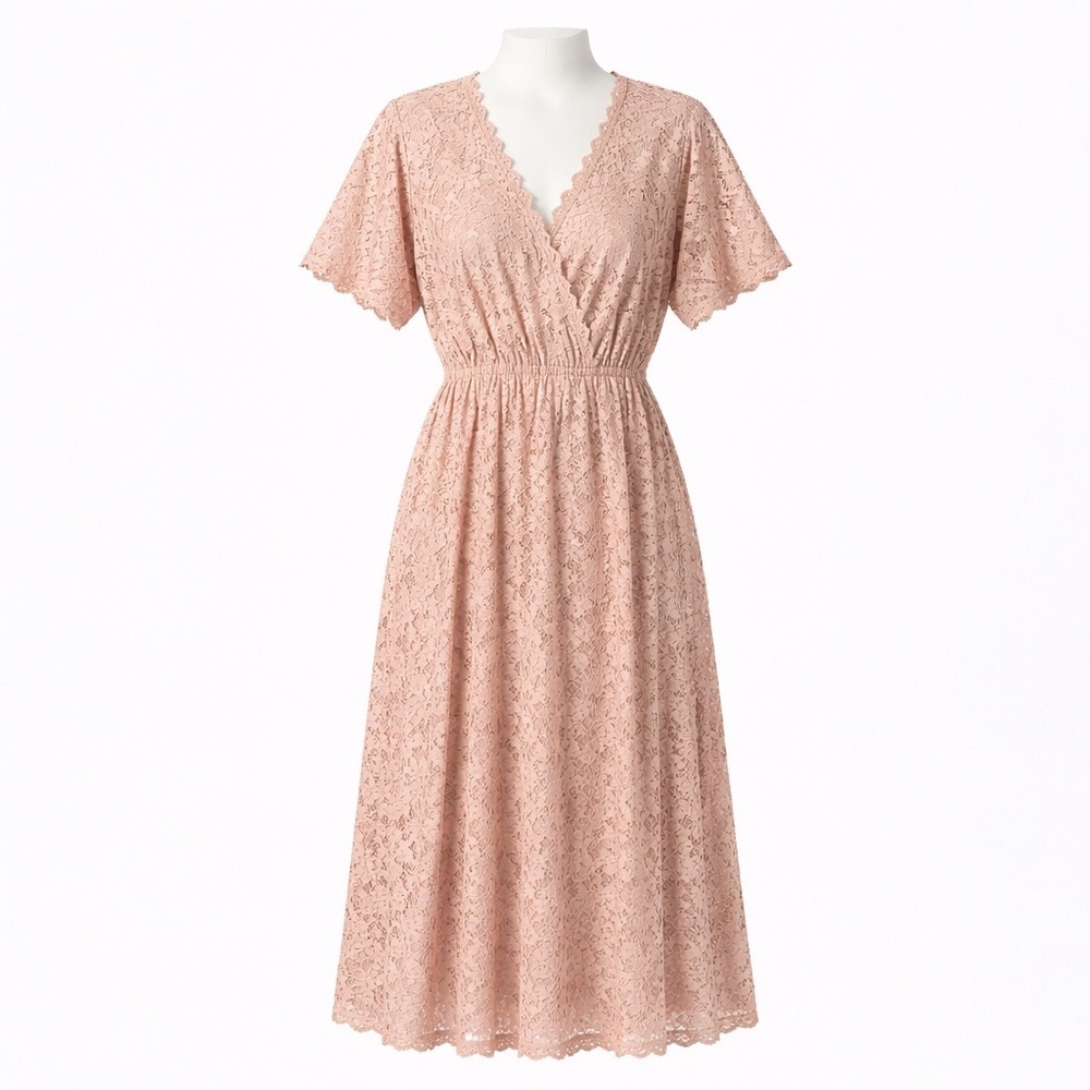 Size L Tea n Rose Women’s Blush Pink Lace Midi Dress Floral V Neck Short Sleeve
